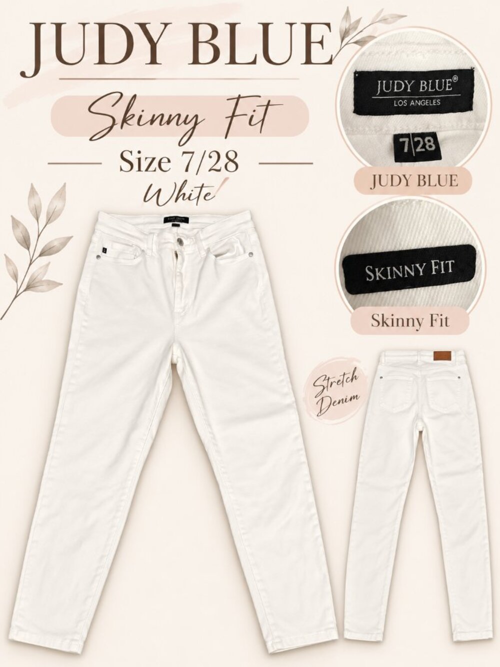 Judy Blue White Skinny Fit Jeans Size 7/28 High Rise Stretch Denim